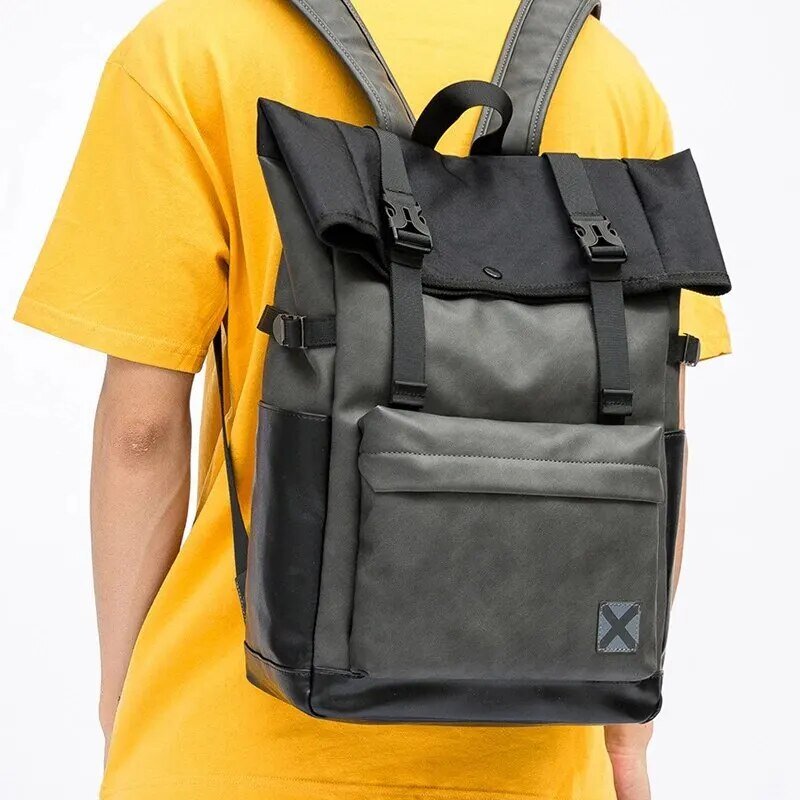 Faux Leather Roll-Top Backpack | Waterproof, Stylish Black Design