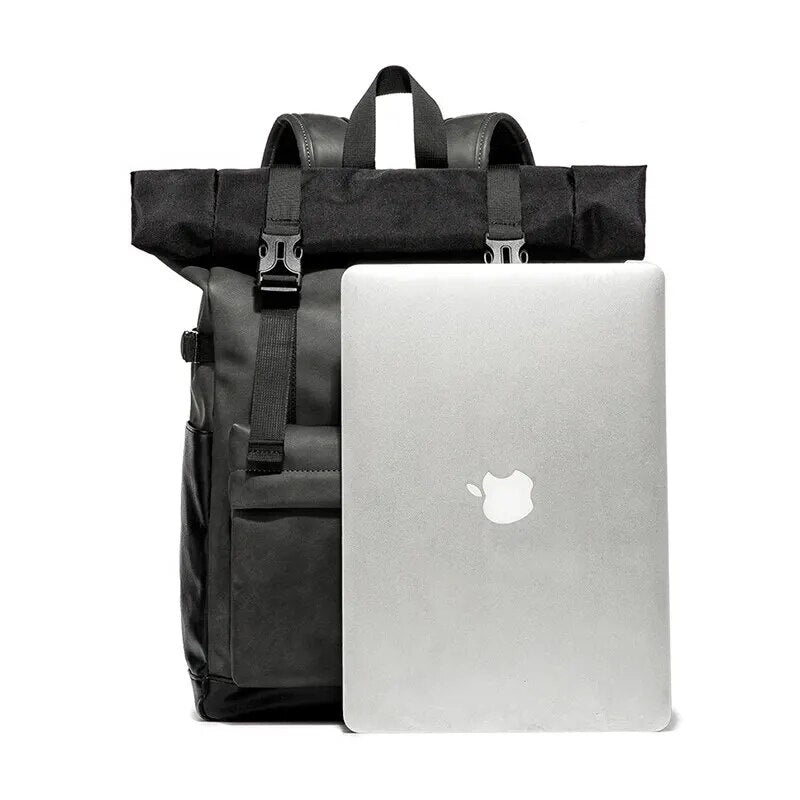 Faux Leather Roll-Top Backpack | Waterproof, Stylish Black Design