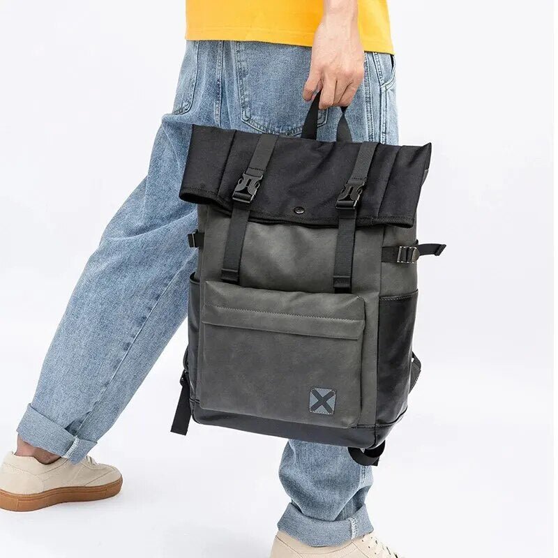 Faux Leather Roll-Top Backpack | Waterproof, Stylish Black Design