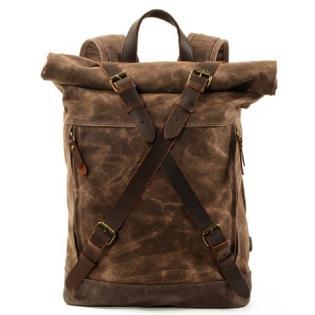 Vintage Water-Resistant Oil Wax Canvas Backpack with Leather Accents – Travel Rucksack for School and Work