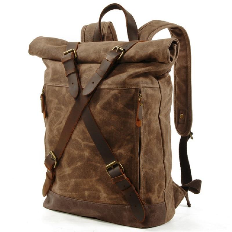 Vintage Water-Resistant Oil Wax Canvas Backpack with Leather Accents – Travel Rucksack for School and Work