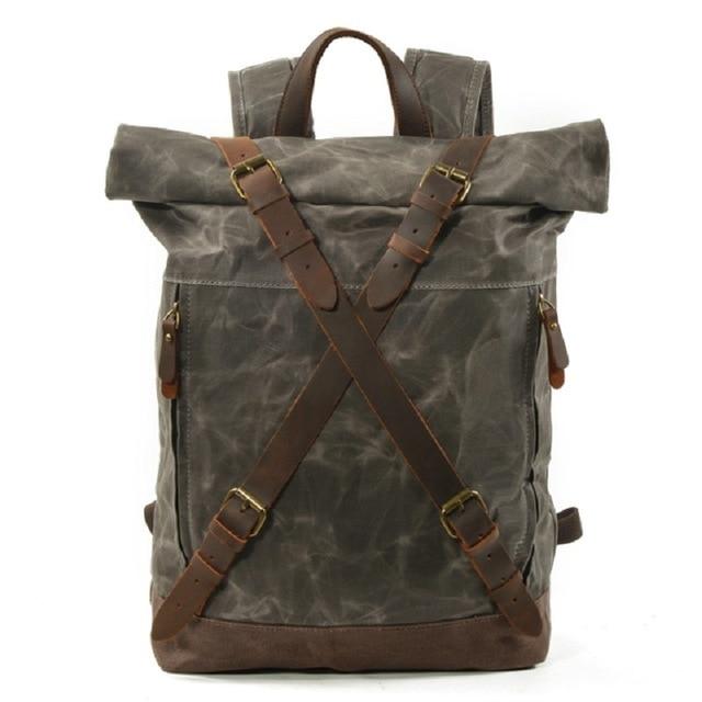 Vintage Water-Resistant Oil Wax Canvas Backpack with Leather Accents – Travel Rucksack for School and Work