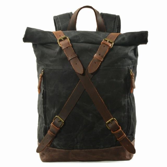 Vintage Water-Resistant Oil Wax Canvas Backpack with Leather Accents – Travel Rucksack for School and Work