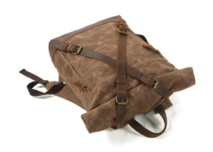 Vintage Water-Resistant Oil Wax Canvas Backpack with Leather Accents – Travel Rucksack for School and Work