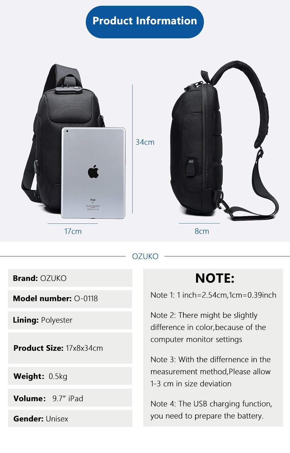 Waterproof Anti-Theft Crossbody Backpack with USB Charging – Slim Design for Daily Use, Multiple Pockets, Adjustable Straps