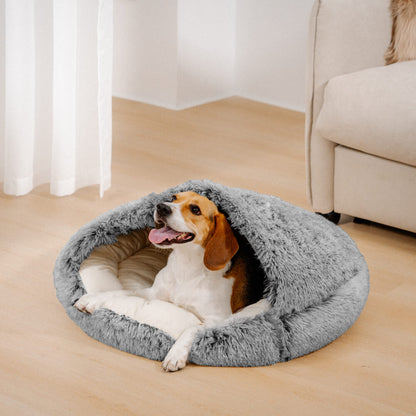 Calming Plush Bed – Cozy Hooded Dog & Cat Cave with Warm Cover