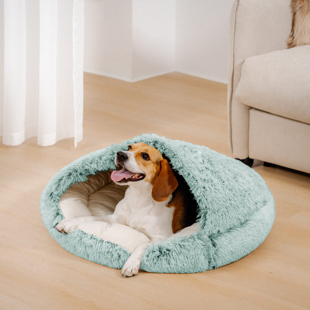 Calming Plush Bed – Cozy Hooded Dog & Cat Cave with Warm Cover
