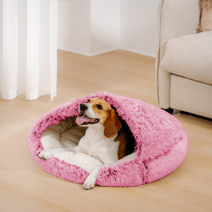 Calming Plush Bed – Cozy Hooded Dog & Cat Cave with Warm Cover