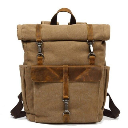 Vintage Roll-Top Canvas Rucksack with Leather Trim