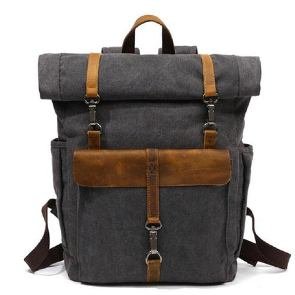 Vintage Roll-Top Canvas Rucksack with Leather Trim