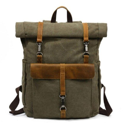 Vintage Roll-Top Canvas Rucksack with Leather Trim