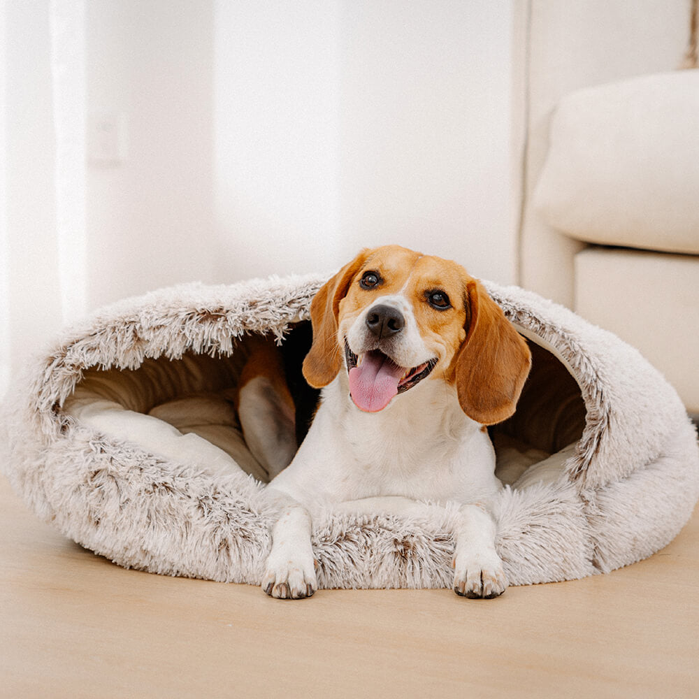 Calming Plush Bed – Cozy Hooded Dog & Cat Cave with Warm Cover