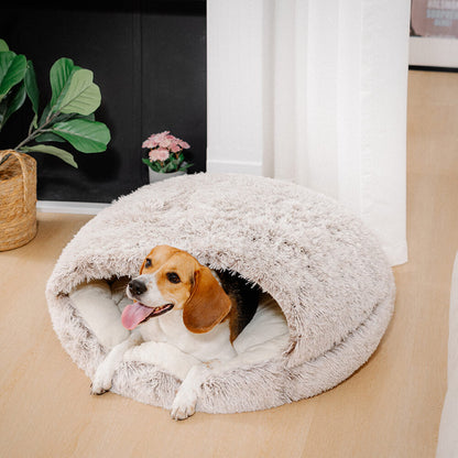 Calming Plush Bed – Cozy Hooded Dog & Cat Cave with Warm Cover