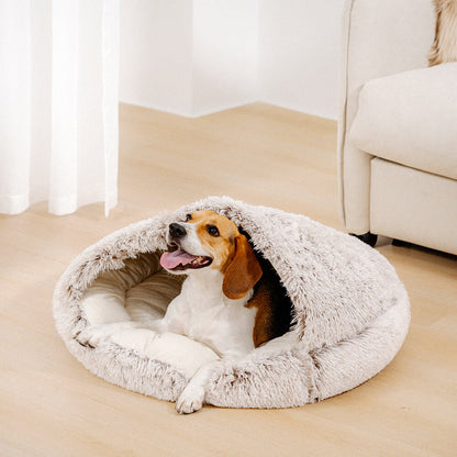 Calming Plush Bed – Cozy Hooded Dog & Cat Cave with Warm Cover