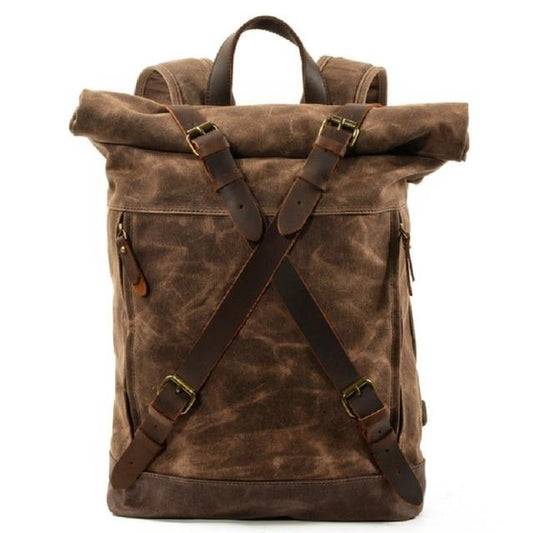Vintage Water-Resistant Oil Wax Canvas Backpack with Leather Accents – Travel Rucksack for School and Work