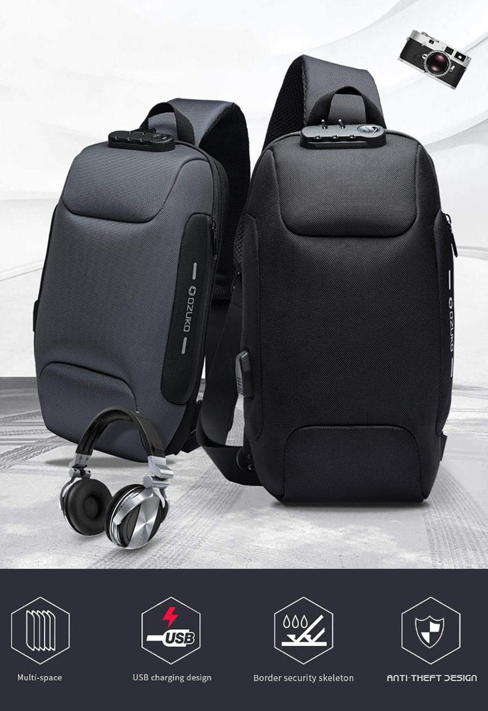 Waterproof Anti-Theft Crossbody Backpack with USB Charging – Slim Design for Daily Use, Multiple Pockets, Adjustable Straps