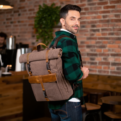 Vintage Roll-Top Canvas Rucksack with Leather Trim