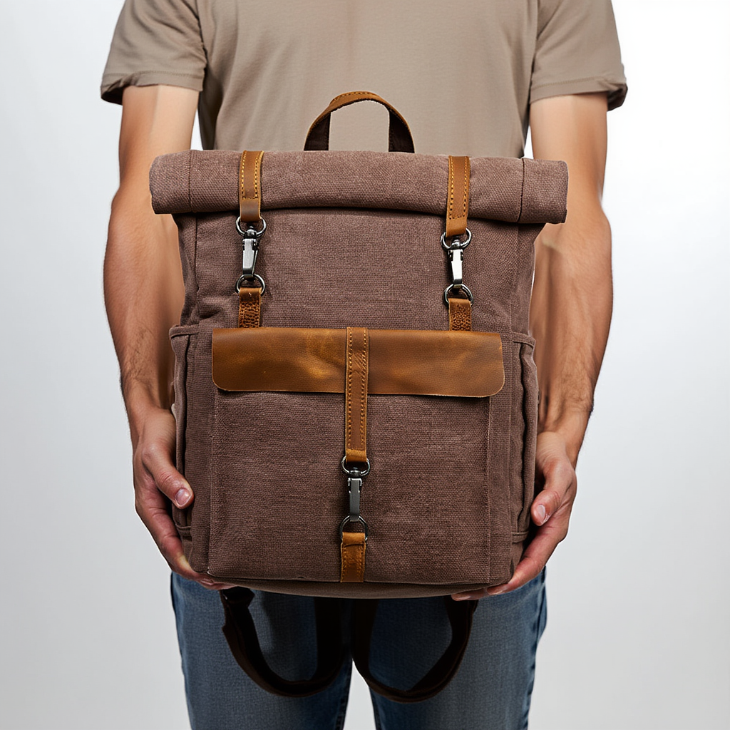 Vintage Roll-Top Canvas Rucksack with Leather Trim
