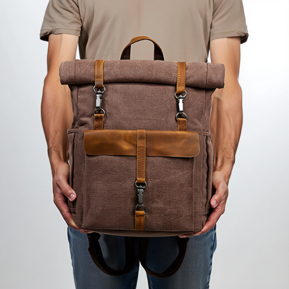 Vintage Roll-Top Canvas Rucksack with Leather Trim